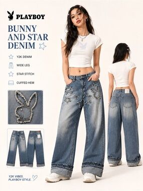 Playboy Bunny & Star Wide Leg Jeans Size 13/31 Y2K Cuffed Denim